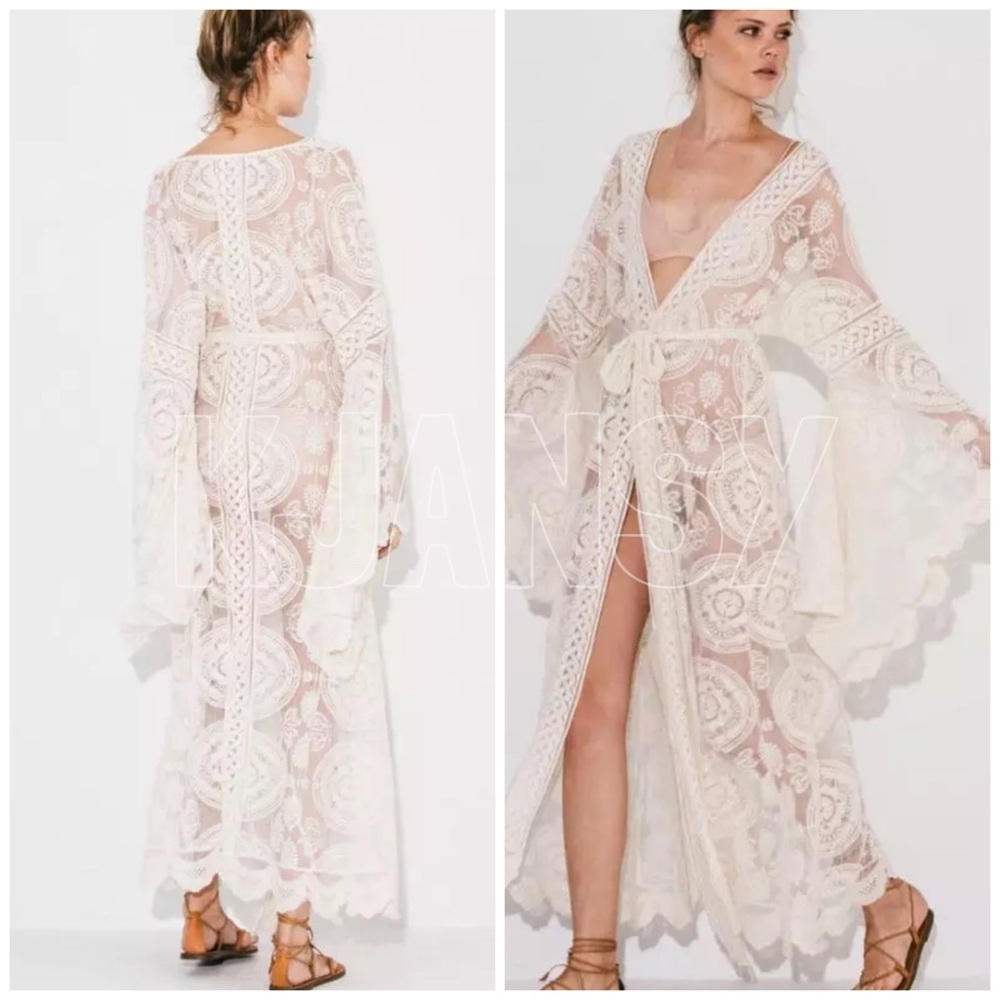 Bohemian Kimono White Lace Duster - Picture 5 of 8